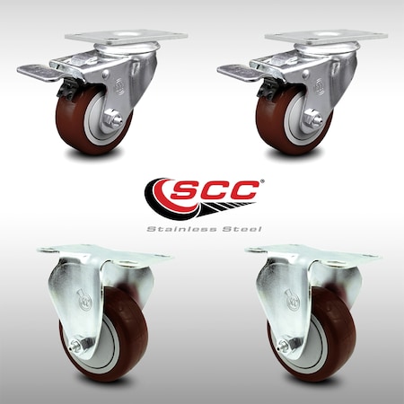 Service Caster 3.5 Inch SS Maroon Polyurethane Top Plate Caster Lock Brake 2 Rigid SCC, 2PK SCC-SSTTL20S3514-PPUB-MRN-2-R-2